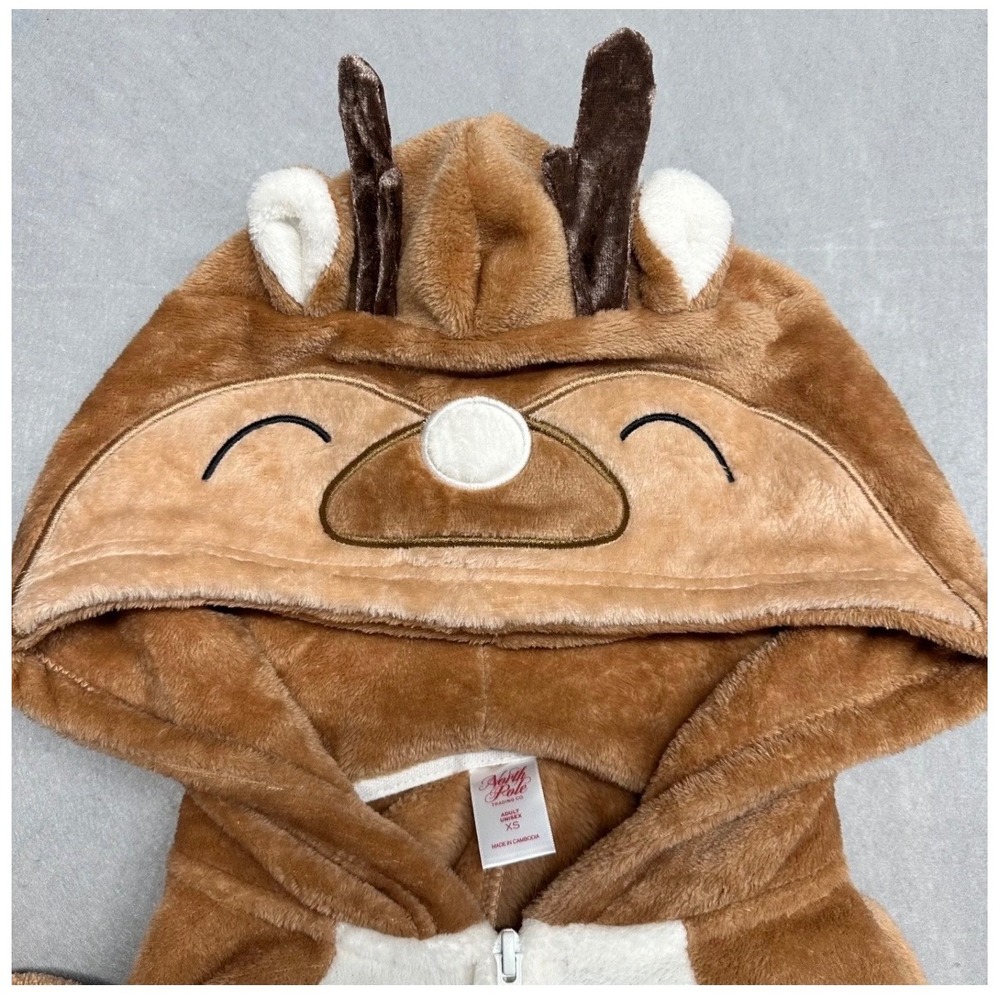 North Pole Trading Co Reindeer Plush Fleece Union Suit Pajamas Brown XS